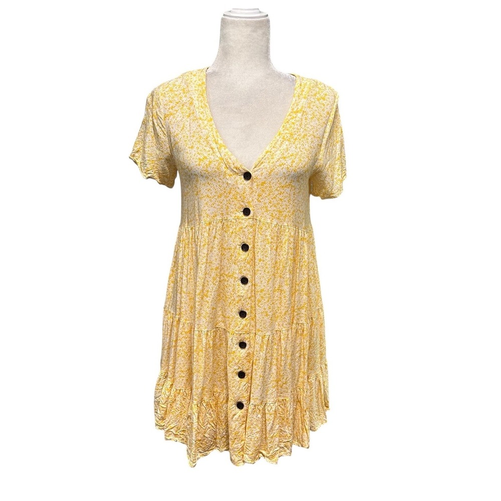 Womens Mini‎ Swing Dress Size S Short Sleeve V-neck Ditsy Floral Tiered Pockets